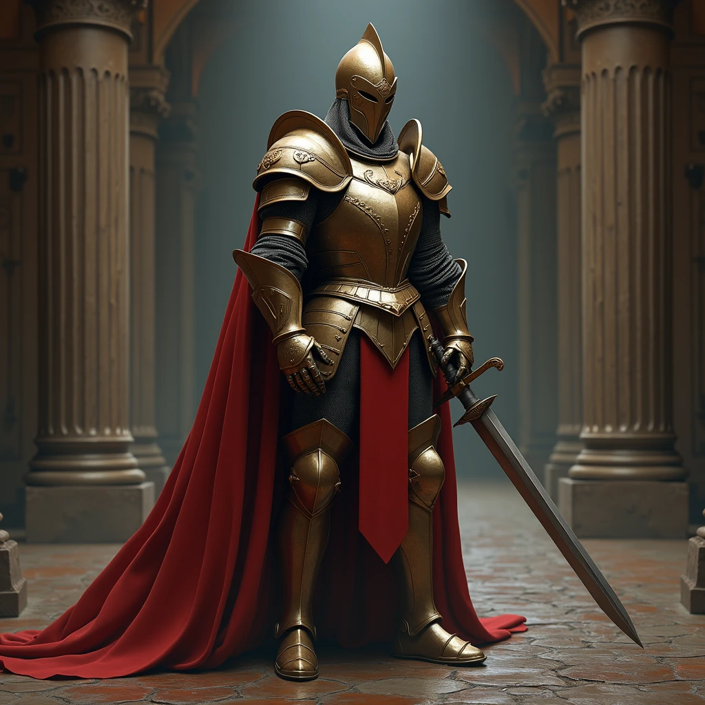 (Highest quality,4K,8k,High resolution,masterpiece:1.2),Very detailed,(Realistic,Realistic,Photorealistic:1.37),A warrior in armor stood in the hall brandishing a sword., Full-body portrait of a mysterious knight, Wearing heavy armor,Sacred warrior wielding a legendary sword, Mythical warrior in full plate armor, Golden knight clad in holy armor, Concept art of a glorious figure, crimson armor knight, Grand Paladin's armor, holy medieval knight, Get down on one knee, Blade embedded in the ground