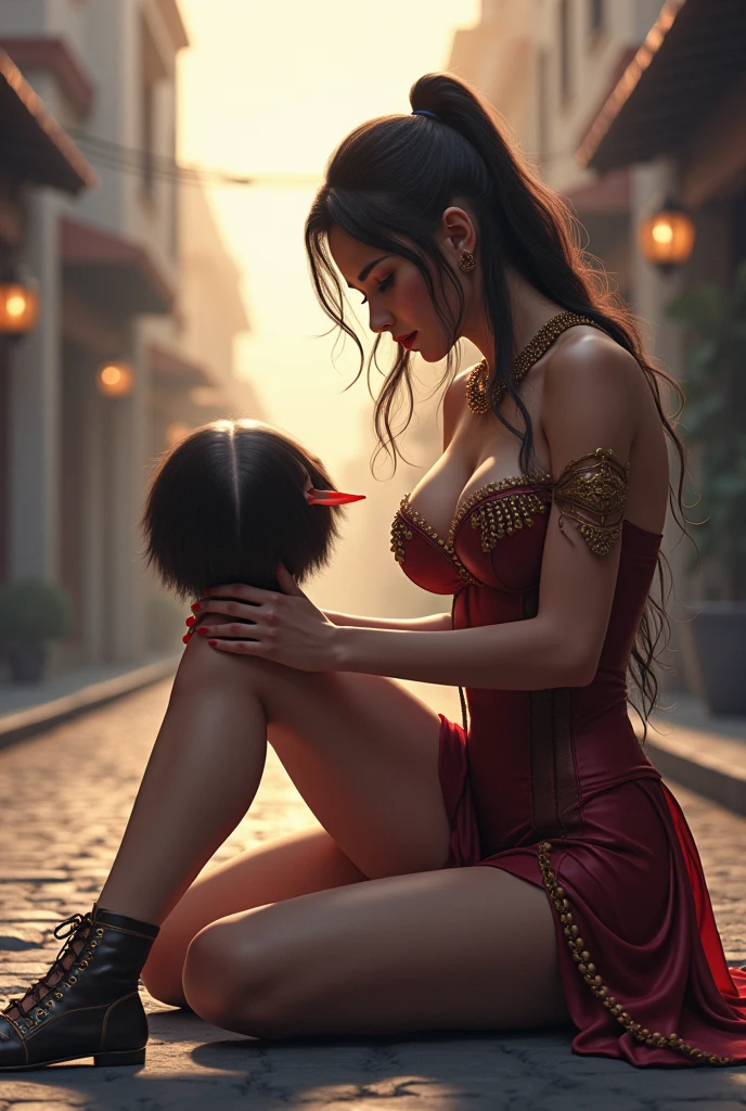 A dominant male slave cleaning Goddess shoes with his tongue smoothly in sitting posture on road , slave head in the ground at the mistress feet