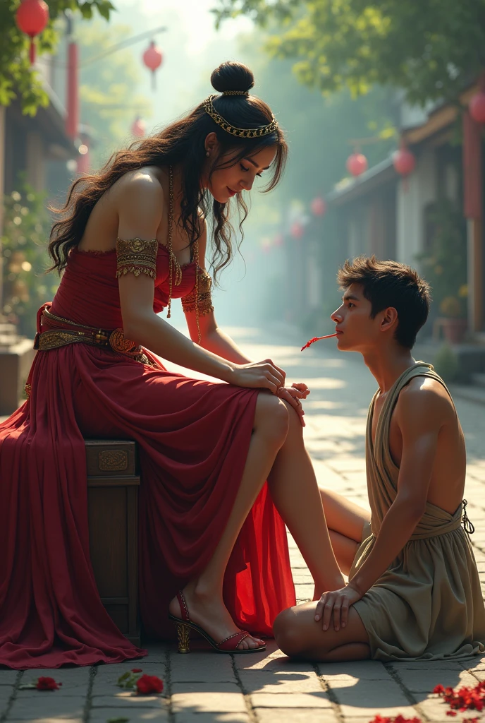 A dominant male slave cleaning Goddess shoes with his tongue smoothly in sitting posture on road , slave head in the ground at the mistress feet