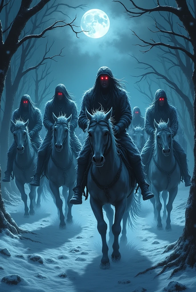 make 13 frozen men with red eyes, and long black hair mounted on zombie horses , at night in a forest