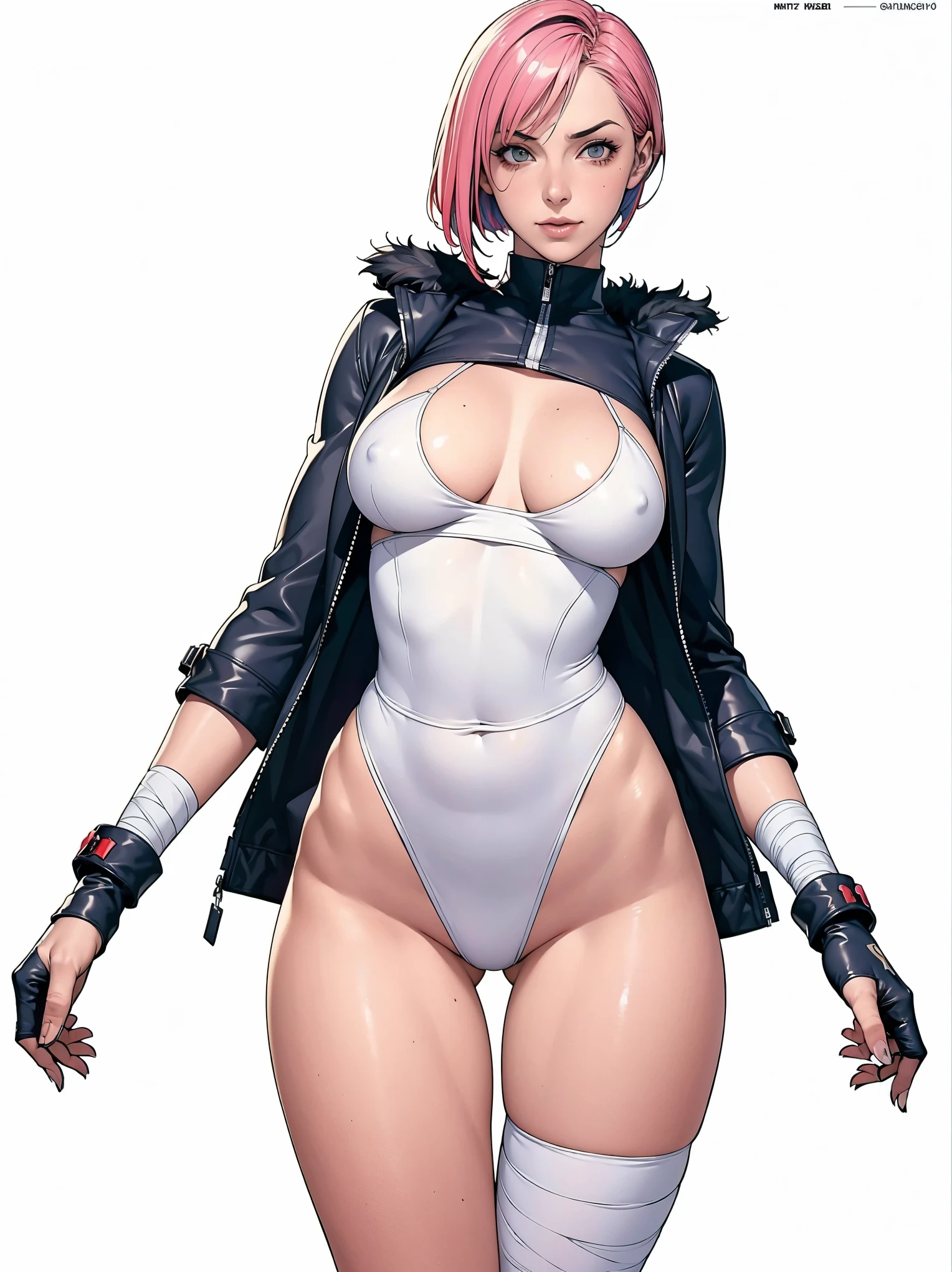 (((Annie Lennox))), (((colorful suit))), (scars), (((bandaged arms))), (((colorful clothes))) (( hood)), (((best quality: 1.4))), (Unbeatable masterpiece), (hyper HD),(CG 8k hyper-realistic), beautiful face, (((breasts big))), (((hyper feminine))), sexly girl, ((round face)), black tattoo,(ultra short red hair with white highlights)), ((( sculptural body ))), (((1 Kizi))), Kizi tatuada de 25 anos com perfect body, perfect hands, perfect fingers ,Beautiful and well-groomed face, (round face), muscular body:1.2,solid color detailed jacket, (Head to thigh photos), Complex equipment, ,Tight clothes,With white stars and off-white stripes,,,,,Armor Metal Electronic Parts, Poison tattoos ) INFO, Kizi, (((standing alone))), , 24歳, sexy, pose de attitude, work of art, dancing, ((slight smile)), post-apocalypse, (((manga style))), bounty hunter, the way you want, perfect body, roupa moderna, advanced technology, white, yellow accent, black, red accent, fur collar jacket, sleeves with vertical striped pattern, background city, (( cowboy shot )). intricate visual, narrow waist, (((wide hips))), wide hips, fit thighs, (((thigh gap))), Thigh gap, background shows a futuristic airplane, open expression, expression happy