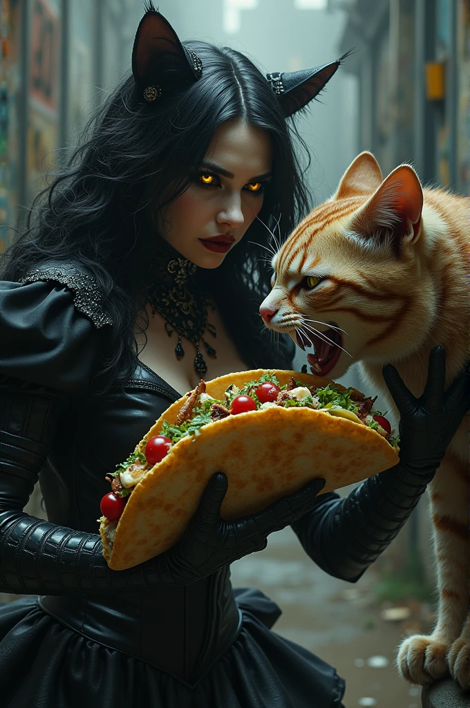 Gotica fighting with a cat over a taco