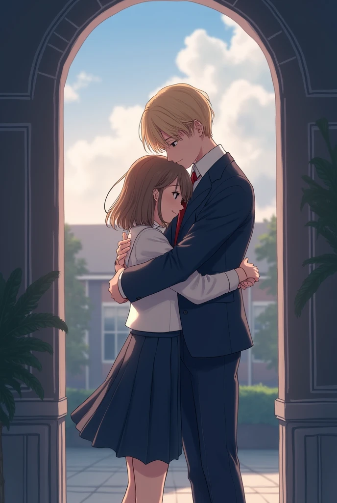 Make a young man with blonde hair, a middle parting, tall stature, wearing a school uniform, hugging a short girl with light brown bobbed hair and a school uniform , At the entrance of a school with a cloudy sky, realistic style 