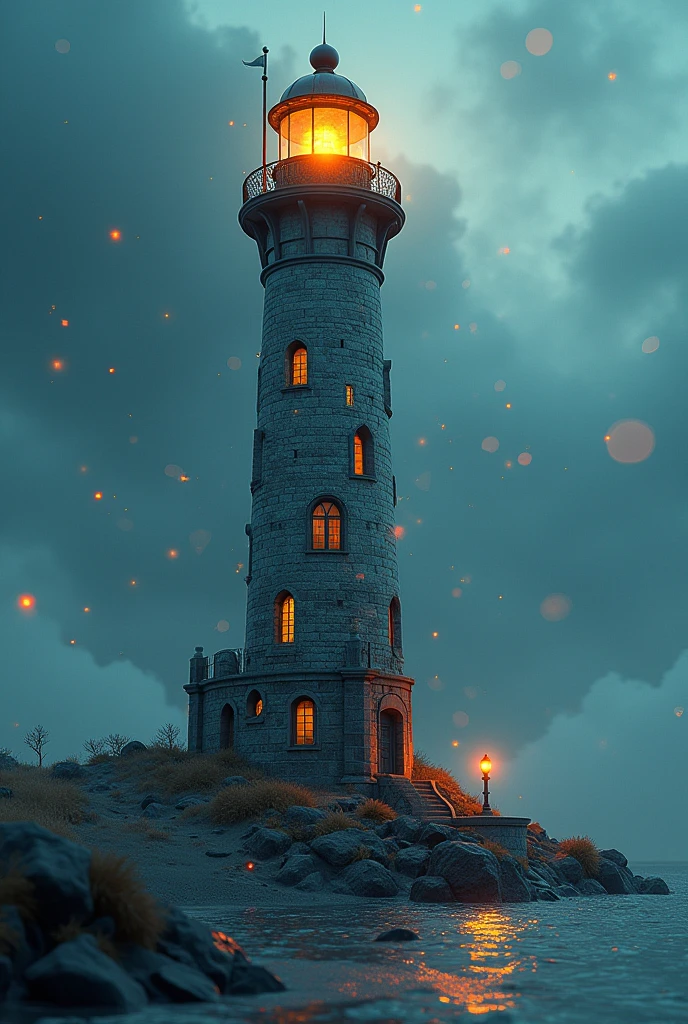 Lighthouse Puzzle, Extremely detailed surrealism surrounded by glowing particles, Very detailed, J Style.c. Leindecker, Ilya Kuvshinov