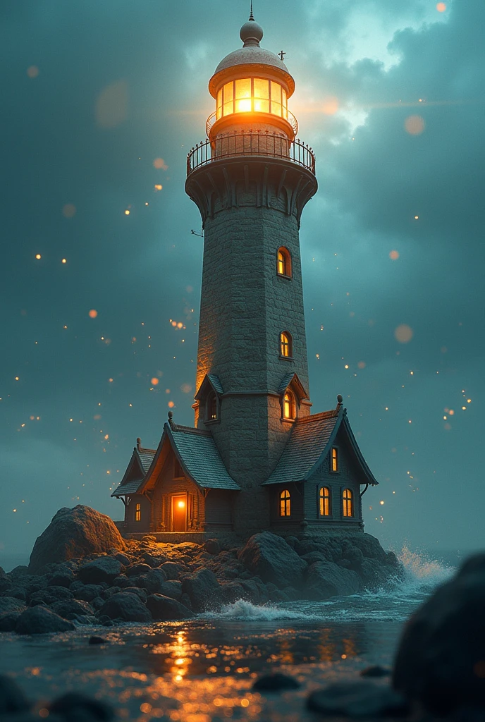 Lighthouse Puzzle, Extremely detailed surrealism surrounded by glowing particles, Very detailed, J Style.c. Leindecker, Ilya Kuvshinov