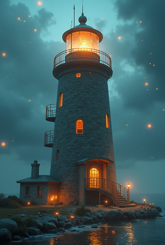 Lighthouse Puzzle, Extremely detailed surrealism surrounded by glowing particles, Very detailed, J Style.c. Leindecker, Ilya Kuvshinov
