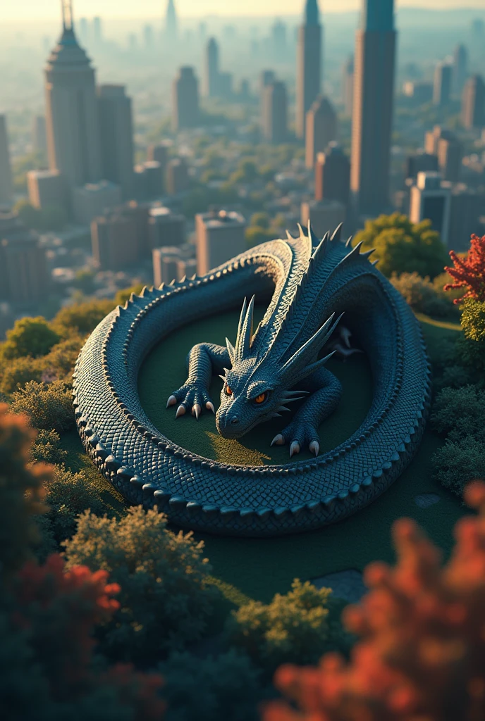 A majestic dragon sleeping at the center of a bustling city, wings spread wide, ultra-detailed, photorealistic, tilt-shift photography, cinematic lighting, dramatic angles, moody atmosphere, vibrant colors, intricate scales, sharp focus, depth of field