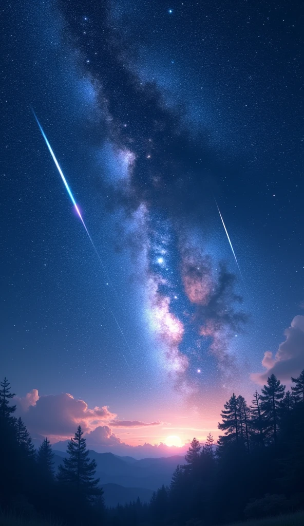 A serene night sky where the Milky Way is clearly visible, stretching across the heavens like a river of light. Bright shooting stars pass through the scene, creating mesmerizing streaks of white and blue. The sky is filled with a gentle, sparkling effect, as if tiny diamonds are scattered among the stars, and a faint, glowing rainbow encircles the sky
