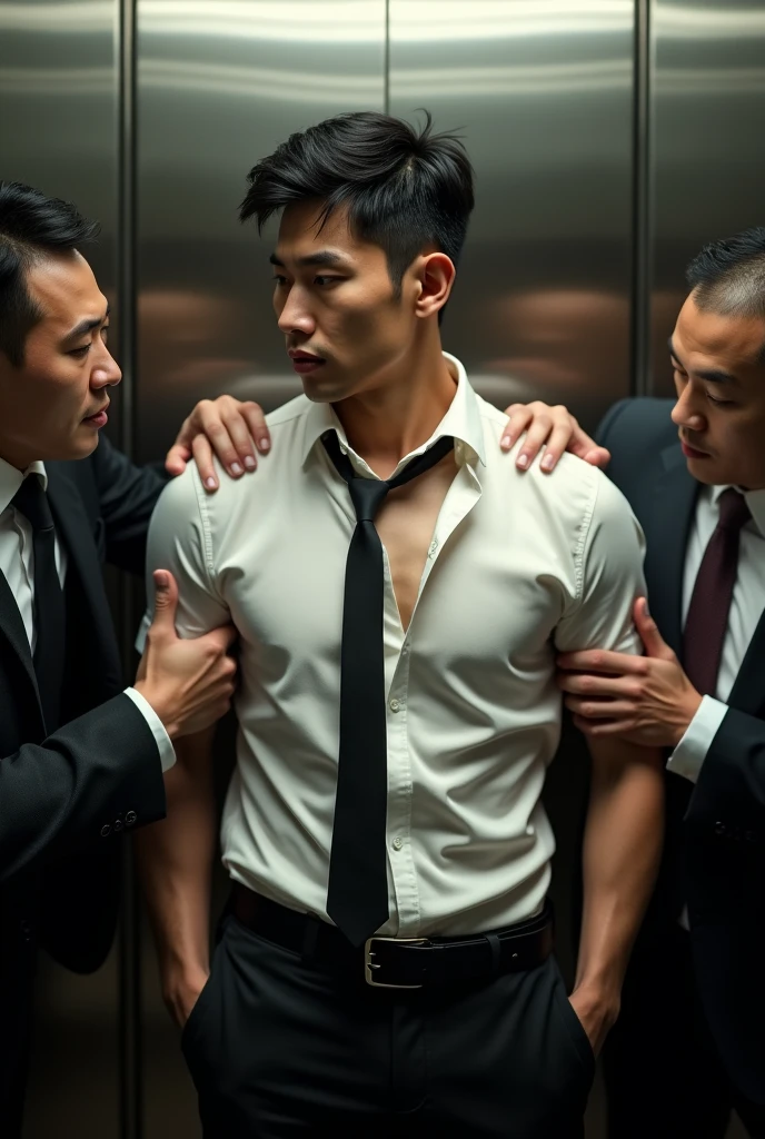 1 handsome korean gentleman, 37 years old, manager, formal shirt and tie, Lawyer,wetclothes,wear glasses,provocative and erotic pose, armpit sweat, Professional attire, Handsome and elegant, Wearing uniform, sexy abstinence, wearing blouse, Masculine and handsome, muscular, Nice looking muscles, , fair skin, Black eyes (1:3 thin eyes), Full body shot, erotic face, firm chest, provocative, , sexy,sandwiched between two lewd middle-aged men who kept getting groped in a crowded elevator