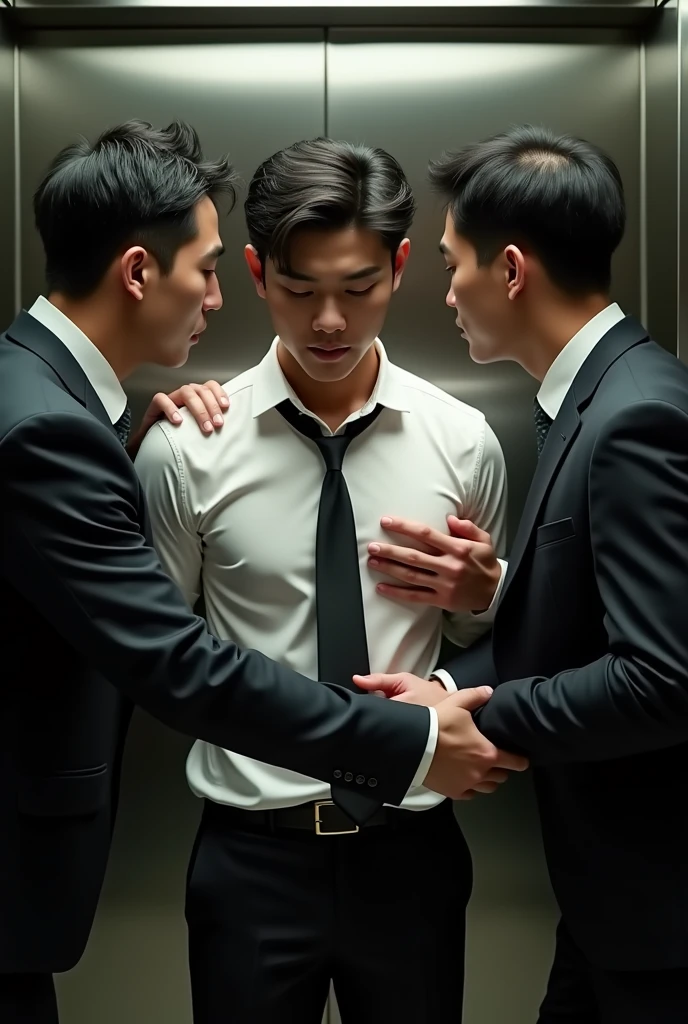 1 handsome korean gentleman, 37 years old, manager, formal shirt and tie, Lawyer,wetclothes,wear glasses,provocative and erotic pose, armpit sweat, Professional attire, Handsome and elegant, Wearing uniform, sexy abstinence, wearing blouse, Masculine and handsome, muscular, Nice looking muscles, , fair skin, Black eyes (1:3 thin eyes), Full body shot, erotic face, firm chest, provocative, , sexy,sandwiched between two lewd middle-aged men who kept getting groped in a crowded elevator