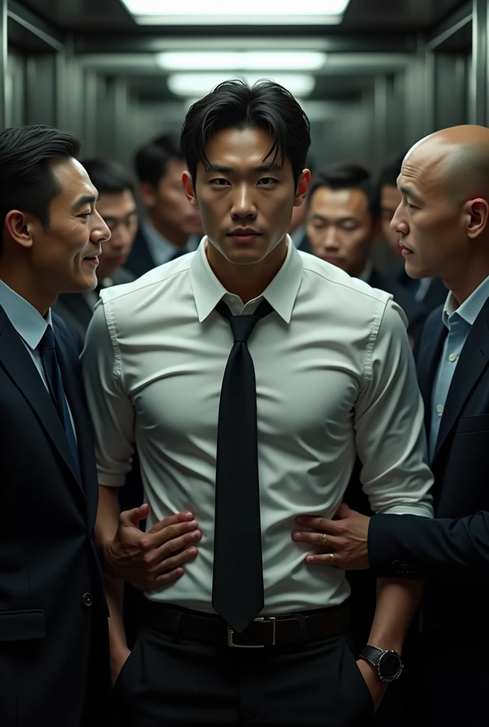 1 handsome korean gentleman, 37 years old, manager, formal shirt and tie, Lawyer,wetclothes,wear glasses,provocative and erotic pose, armpit sweat, Professional attire, Handsome and elegant, Wearing uniform, sexy abstinence, wearing blouse, Masculine and handsome, muscular, Nice looking muscles, , fair skin, Black eyes (1:3 thin eyes), Full body shot, erotic face, firm chest, provocative, , sexy,sandwiched between two lewd middle-aged men who kept getting groped in a crowded elevator