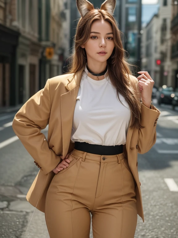 ((Highest quality, 8k)), ((masterpiece)), (Highest Resolution), Perfect Face, Kangaroo ear woman, Female college student, Beautiful woman, public, One tail, she has thick thighs, Large kangaroo tail, She has a brown kangaroo tail, She wags her tail, Troubled face, Fur collar, She is wearing business pants, Beautiful Hips , The tail sticks out from the panty.