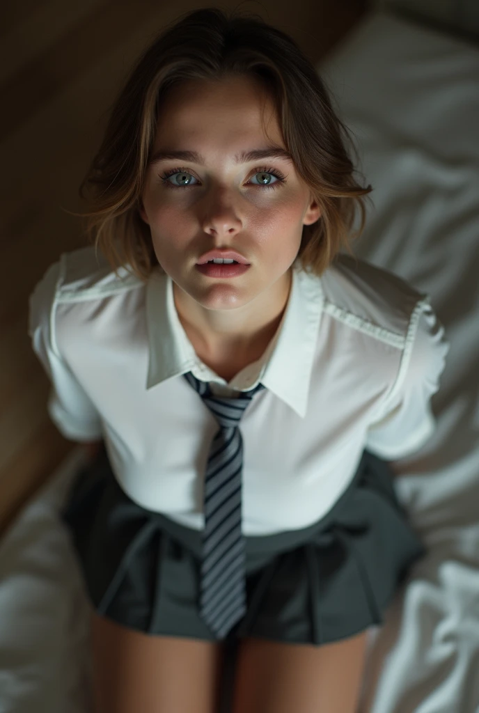 Realistic photo from above of a slim pretty -yeld Casian woman. She has short light-brown hair. She has small breasts. She is wearing a tight white shirt, with no bra. She is wearing a dark-grey striped tie. She is wearing a dark-grey pleated skirt. She is kneeling on the floor in a bedroom. She is looking up to the camera. Both hands are behind her back. Her mouth is slightly open. 