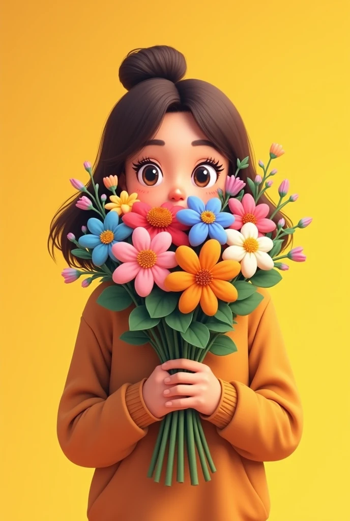 A cartoon lady coverd her face with a flower bouquet and standing while wearing brown colour jursey .background yellow colour