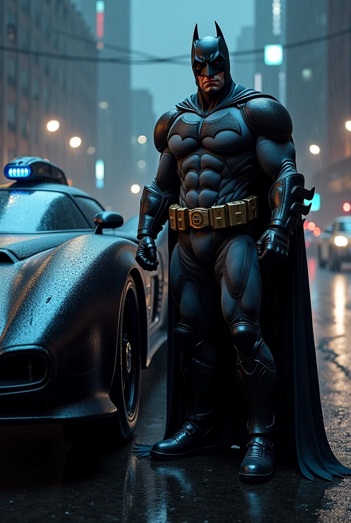 Create an image of Batman, the tall, muscular superhero, in a dark, armored suit with a flowing cape, standing confidently next to the sleek, black Batmobile with sharp angles and glowing blue lights. Batman’s suit should feature intricate details, including a prominent chest emblem and utility belt. The scene is set at night in a gritty, rain-soaked urban environment, with towering, shadowy skyscrapers in the background. The wet street reflects the neon city lights, adding a dramatic effect. Rain is falling, creating a moody and tense atmosphere, with Batman appearing vigilant and ready for action.