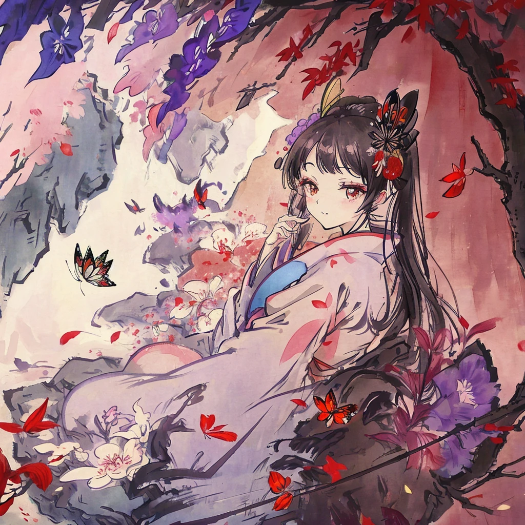 beautiful geisha, red kimono, wisteria forest, dark night, Beautifully Aesthetic,wisteria, peace, tranquility, serenity, petals, butterflies,