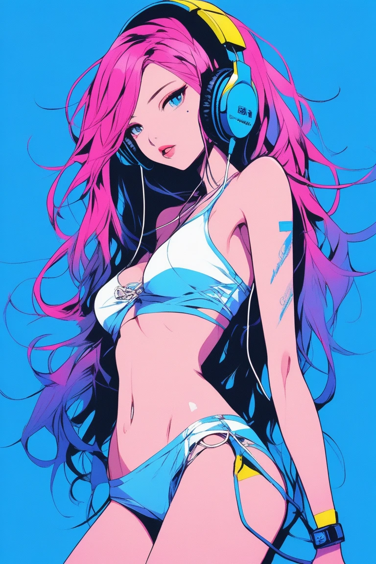 Illustrator, anime , Realistic ,sketch , 1 person, model, lip, Skimpy bikini, order, Blue gradient background, Neon colored messy medium length hair, Wearing headphones, Are standing, Sexy pose, Texture Trim, Canadian, (masterpiece,Highest quality)