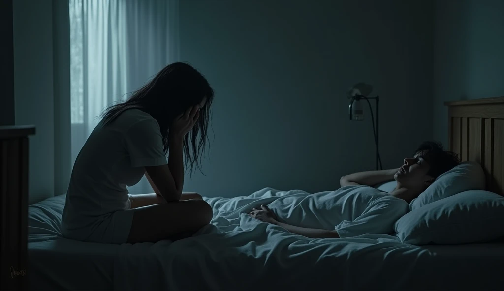  Sunaina, sitting on the edge of Kittu's bed, holding her head in her hands. The room feels claustrophobic, with shadows encroaching from all sides, and Kittu lying in bed with a feverish expression.