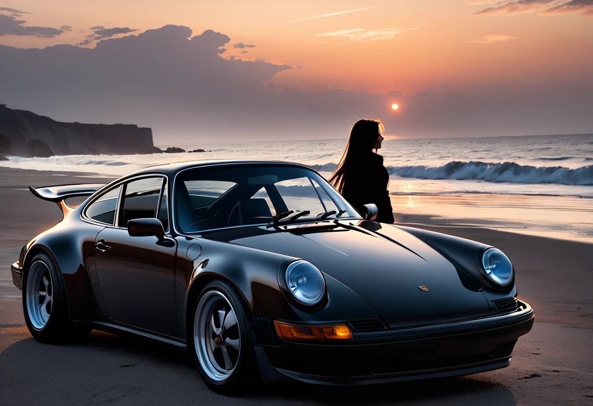 (masterpiece, best quality:1.2), silhouette, Silhouette of a woman and a car against the backdrop of a coastal sunset, She has long hair blowing in the wind as she stands right next to her car, watching the sunset, the car is Porsche 911, The silhouette of the car stands out, hyper Realistic, Professional photography, Cinema Lighting, Car Photography