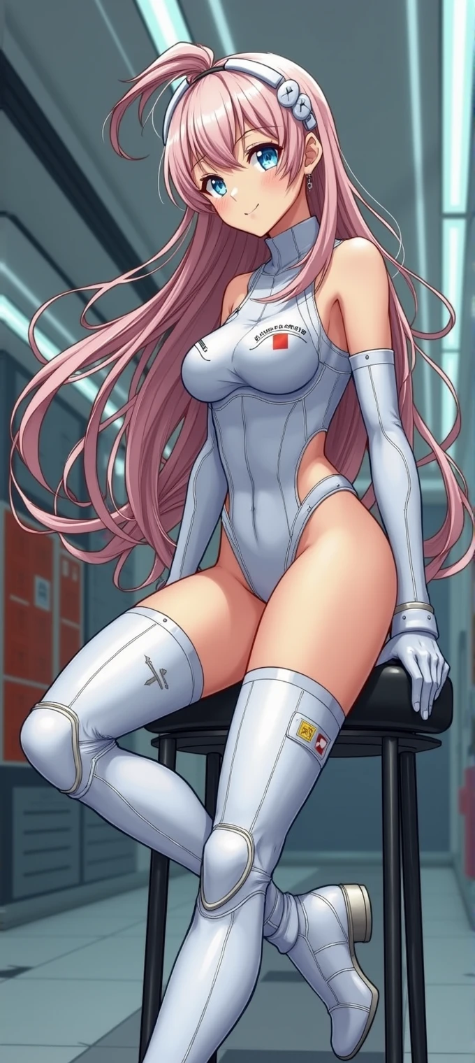 In a sleek and high-tech training room, a captivating anime girl with long, flowing pink hair and striking blue eyes is dressed in a skin-tight, blue agent outfit. The outfit consists of a long-sleeve turtleneck crop top and matching booty shorts, paired with boots that go up to her thighs. Her long hair cascades freely down her back, adding a touch of elegance to her powerful appearance. The room is filled with advanced training equipment, and the scene captures her in a moment of focus and readiness, showcasing her athleticism and determination. The art style is dynamic and vivid, emphasizing her curves and the intensity of the training environment
