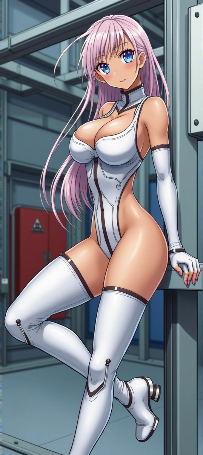 In a sleek and high-tech training room, a captivating anime girl with long, flowing pink hair and striking blue eyes is dressed in a skin-tight, blue agent outfit. The outfit consists of a long-sleeve turtleneck crop top and matching booty shorts, paired with boots that go up to her thighs. Her long hair cascades freely down her back, adding a touch of elegance to her powerful appearance. The room is filled with advanced training equipment, and the scene captures her in a moment of focus and readiness, showcasing her athleticism and determination. The art style is dynamic and vivid, emphasizing her curves and the intensity of the training environment