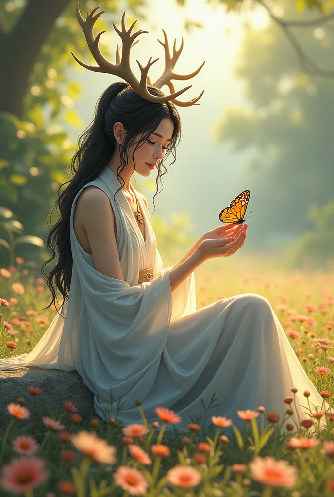 Animated: slender beautiful man with an antler crown, smiling gently on a butterfly he's holding, sitting on a rock, wearing loose pearly transparent outer layer light blue Hanfu, long curly black hair , in a flowery field, soft lighting, plants in background, with sunlight, cozy atmosphere, relaxed pose facing front , realistic, intricate details, warm colors,