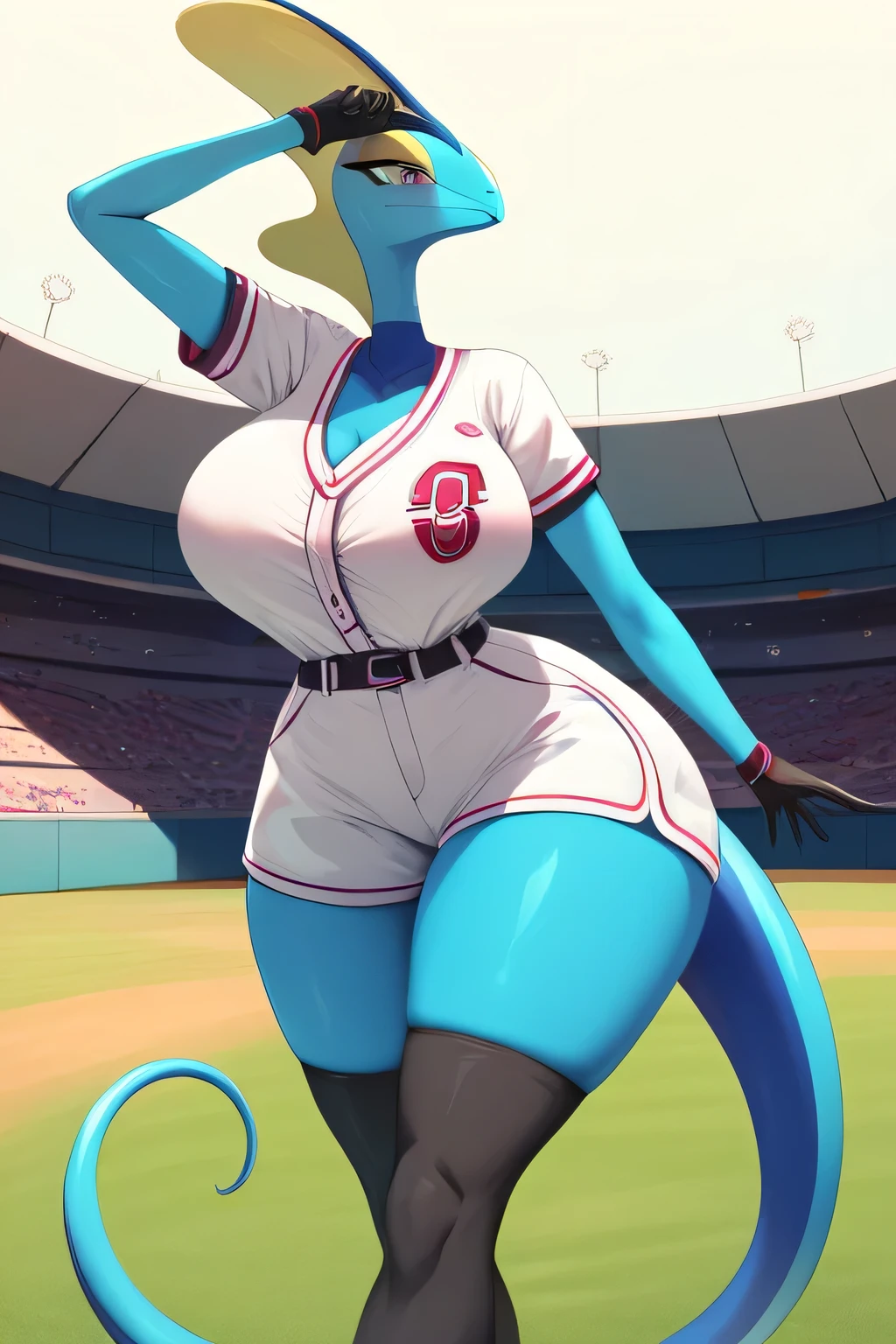 score_9, score_8_up, score_7_up, Pokémon, Pokémon Inteleon, giant breasts, giant hips, giant thighs, thin waist, masterpiece, best quality, Super detail, 4k, Inteleon, baseball uniform, ((giant breasts, giant hips, giant thighs , thin waist)), on a baseball field, dynamic pose