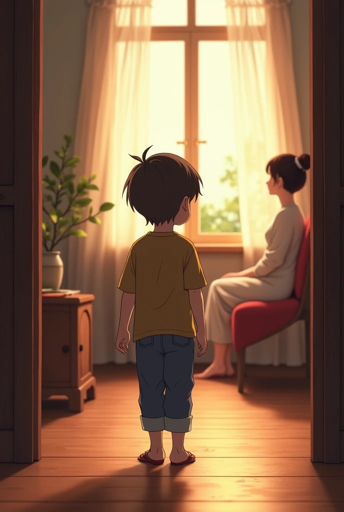 A boy enters a room, and sees his mother in the distance sitting on the sofa with an anime-style back