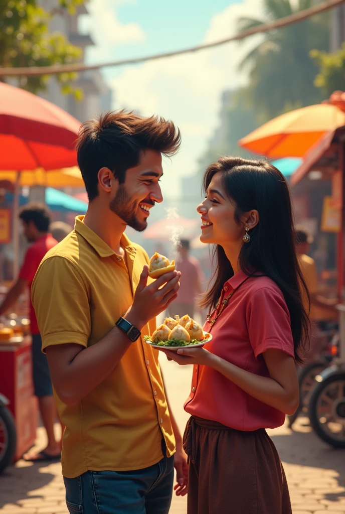 A couple in a Hyderabad street food area eating momos standing 