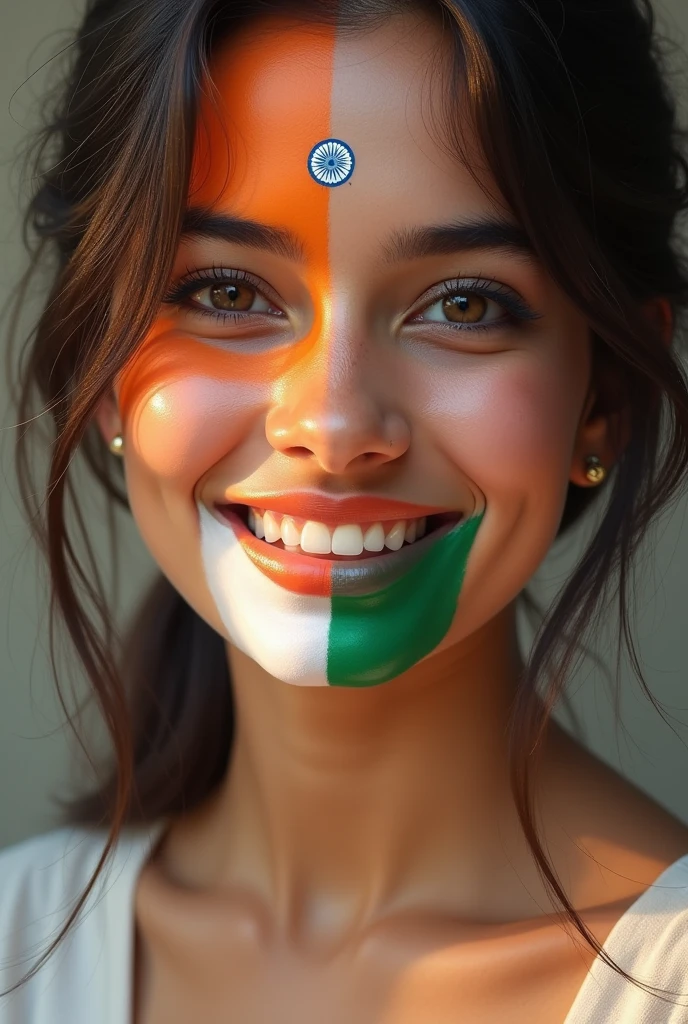 paint an Indian tricolor on a beautiful girl’s lips: saffron on the upper lip, white with a blue Ashoka Chakra on the center of her teeth, and green on the lower lip, creating a representation of the Indian flag
This looks awesome, kepe the painting on the smiling lips and teeth as requested
