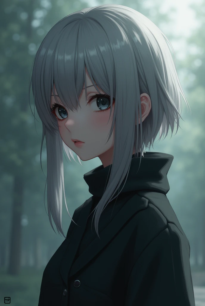 Grayish-white hair，Black eyes，Anime girls， Body facing left，Look to the left front.
