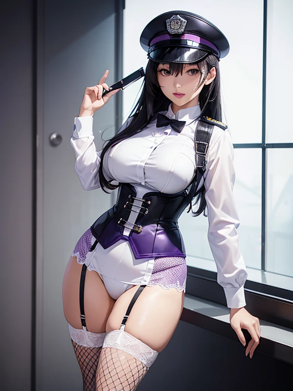 Photorealistic, high resolution, A Japanese Police woman named Kimmi, solo, heavy makeup, Hips up, (standing) (Detailed face), Black hair, Long hair, purple and white corset, white lace Panties , purple micro skirt, fishnet Stockings. Fully clothed.