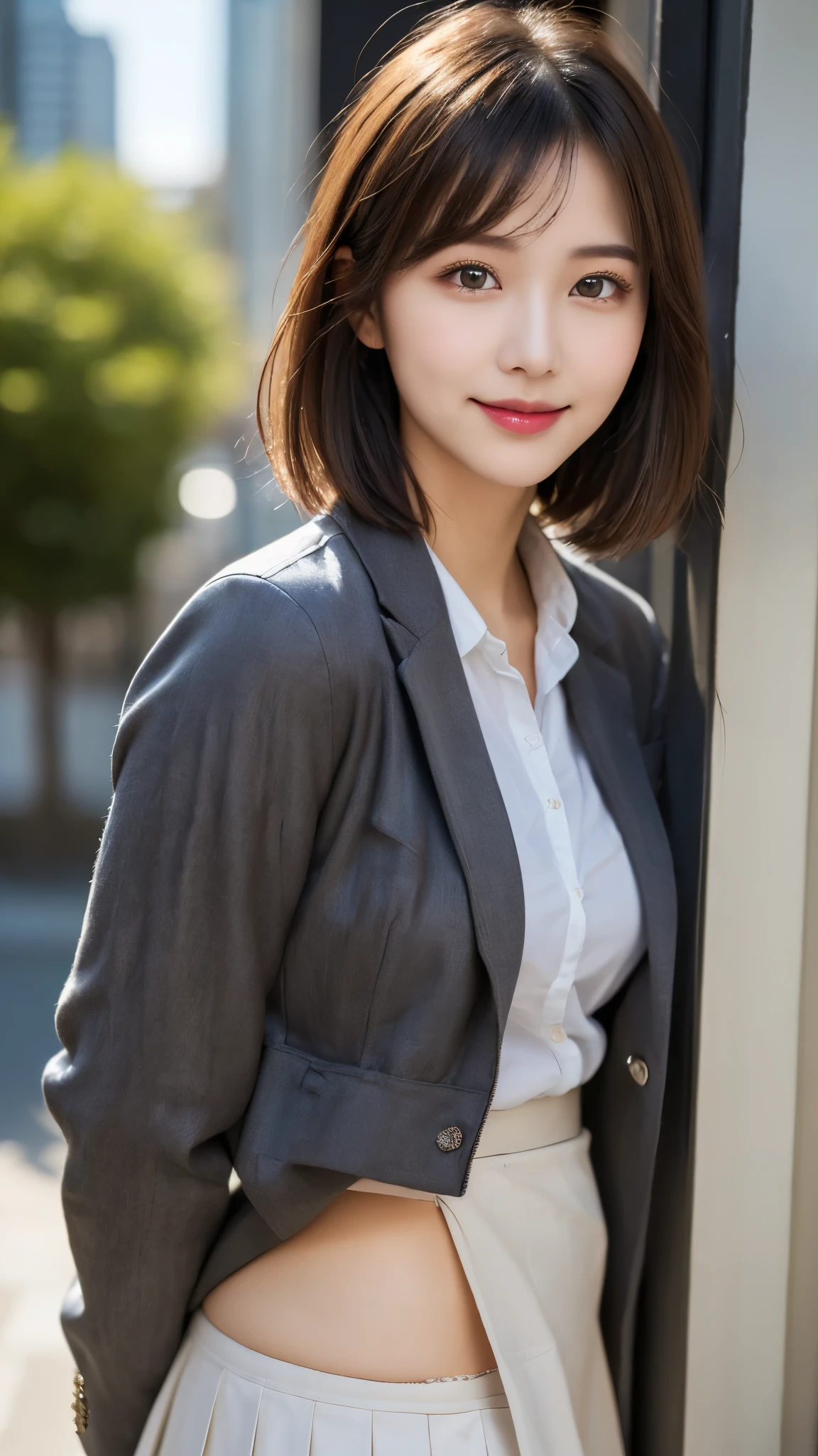 (masterpiece:1.3), (16k, photorealistic, RAW photo, best quality: 1.4),absurdres, attractive, ultra high resolution, ultra realistic, highly detailed, golden ratio, ultra detailed, super fucking beautiful detailed face, natural makeup, detailed cloth texture, detailed hair texture, beautiful detailed fullbody, Perfect female body, accurate, Anatomically correct, Highly detailed face and skin texture, (beautiful hands), (realistic skin), (beautiful pale skin:1.1), (Perfect dynamic composition, looking at viewer, full body shot), ((Flirtingly lifting her skirt to show her panties:1.3)),
BREAK,
realistic eyes, beautiful detailed eyes, symmetric eyes, Light Brown eyes, Double eyelids, Thin eyebrows, (Glossy lips:1.4), ((A face with waiting for a kiss, Seductive smile:1.2)), (weat skin, blush:1.1),
BREAK,
((short hair, bob, Dark blonde hair, bangs:1.2)), ((evening, school, school uniform, Jacket:1.3))