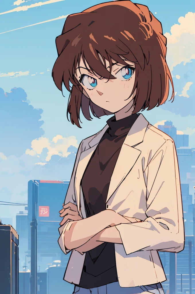 masterpiece, best quality, beautiful face, (street, upper body:1.4), anime style, (1girl in, Solo:1.0), (Haibara Ai), ((Short pants)), (((Big eyes))), (Cute anime girl head), (flat chest),looking at viewer,from front, upper body, 10 years old, With a height of 100cm, shoot from front, (head shot), Simple line minimalism, Abstract Art, (Background sky), sad expression, kawaii
