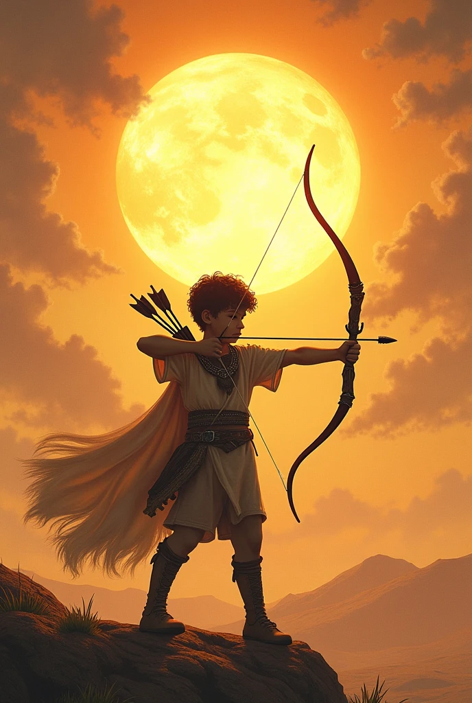 A boy aiming the sun with his bow and arrows