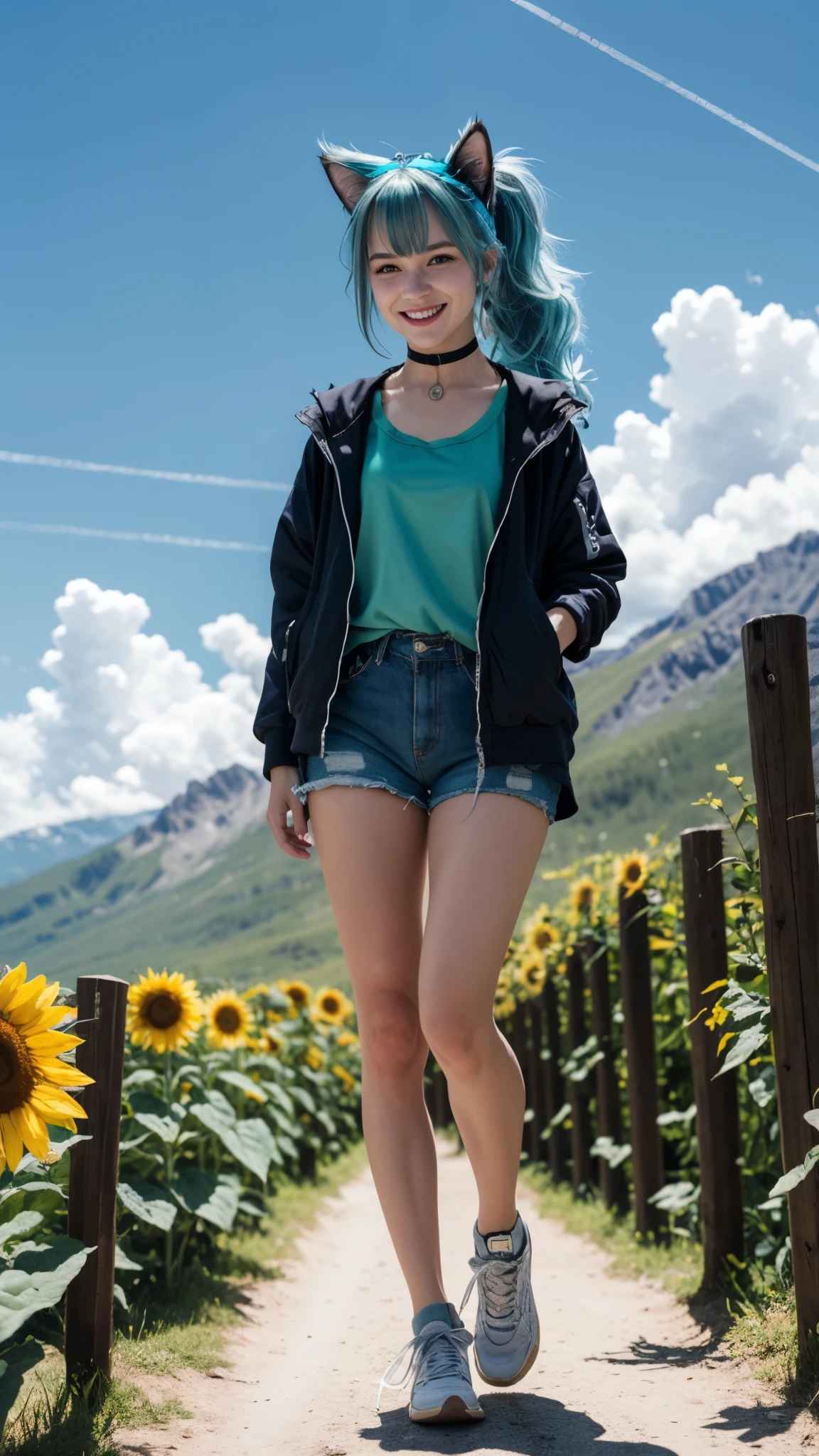 cat girl on mountain, BREAK, 1girl, (solo:1.4), catgirl, full body, standing, both hand rises, clenching fist, tank top, thighs, sporty highleg design, cat ears, long hair, (messy hair:1.2), fluffy tail, lush mountain range, blue sky, short shorts, sneakers, open jacket, watch, bracelet, spiky embellishment choker, detailed face, (looking at viewer:1.2), smile, clouds, natural light, (masterpiece, highest quality, disheveled hair, super detailed, fashonable), fashion model, simple background, delicate, beautiful, vibrant, sunflower, ponytail, light blue hair, bangs, hair ring, best lighting, best shadow,