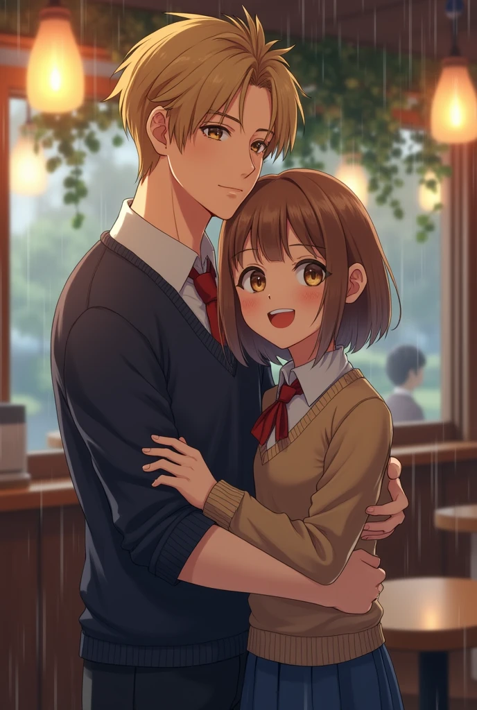 Make a tall blond man with a middle part hairstyle wearing a school uniform, hugging a short girl with light brown bob haircut wearing a school uniform ,In a cafe while it's raining