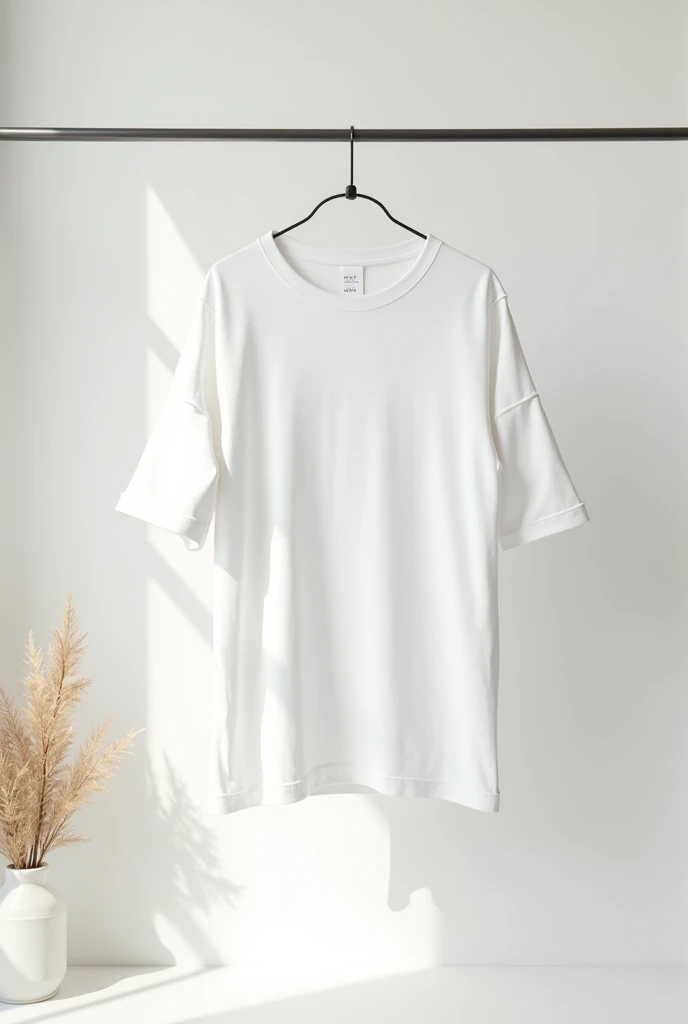 "Design an Instagram ad featuring a white oversized T-shirt with five sleeves, displayed on a hanger against a minimalist white wall. The wall should be clean and attractive, with a modern, aesthetic look. In the corner of the scene, place a simple yet elegant flower vase to add a touch of natural beauty. The overall vibe should be stylish and fresh, making the T-shirt stand out while blending with the subtle background elements." Dont add wrinkles on t shirt make it straighten for editing easily
