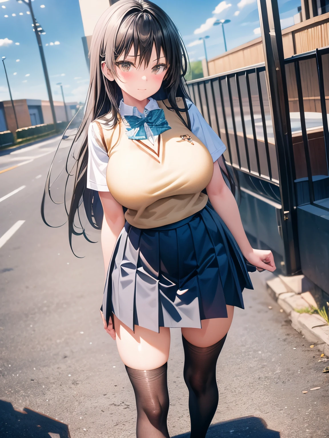 uniform　Cream-colored knit　White blouse、Green mini skirt　Plaid、light blue lace patterned panty、Big Breasts、Beautiful feet、Aroused expression、Black Hair　long hair、School　rooftop　blue sky、Are standing　low angle view、Black Loafers、Black fishnet tights