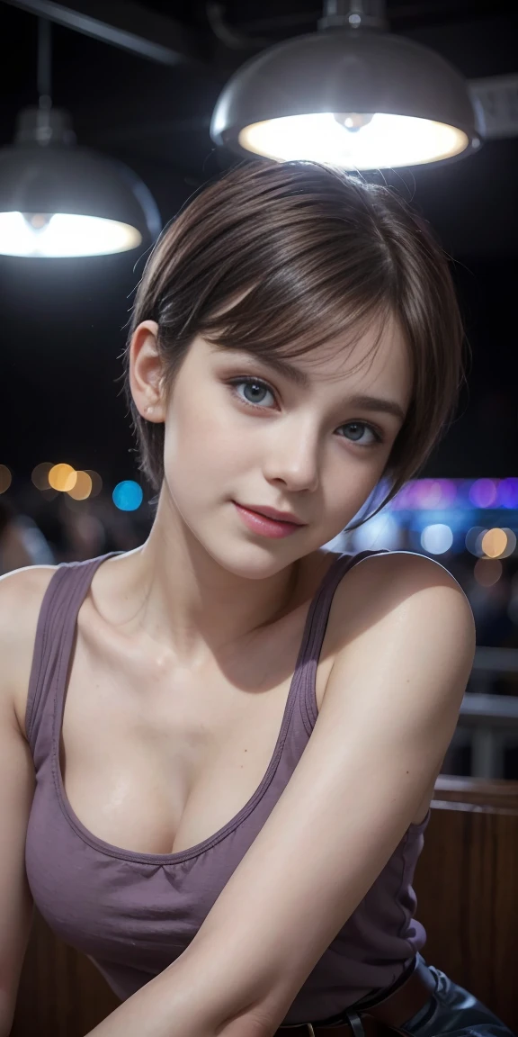 Photo oF a 17-year-old European girl, .RAW, beautiful woman,freckles on cheeks ,beautiful blue eyes(Light brown hair pixie haircut),pixie hair cut ((portrait)), ((detailed face:1.2)), ((detailed facial features)), (finely detailed skin), Pale skin,park, london ferris wheel、Purple sleeveless t-shirt with skull image ,big breasts , lilac skirt with checkered images, Loose white belt, Long boots with heels ,cute makeup, Purple eyeshadows on eyelids ,a sexy one(cool color), humid, humid, Reflectors, (Tabletop) (perfect proportions)(Realistic photos)(The best quality) (detailed) photographed with a Canon EOS R5, 50mm lens, f/2.8, NffSW, (8k) (wallpaper) (cinematic lighting) (Dramatic lighting) (Sharp focus) (Convoluted) Nice smile , happy , playing electric guitar , medium breasts , purple eye shadow