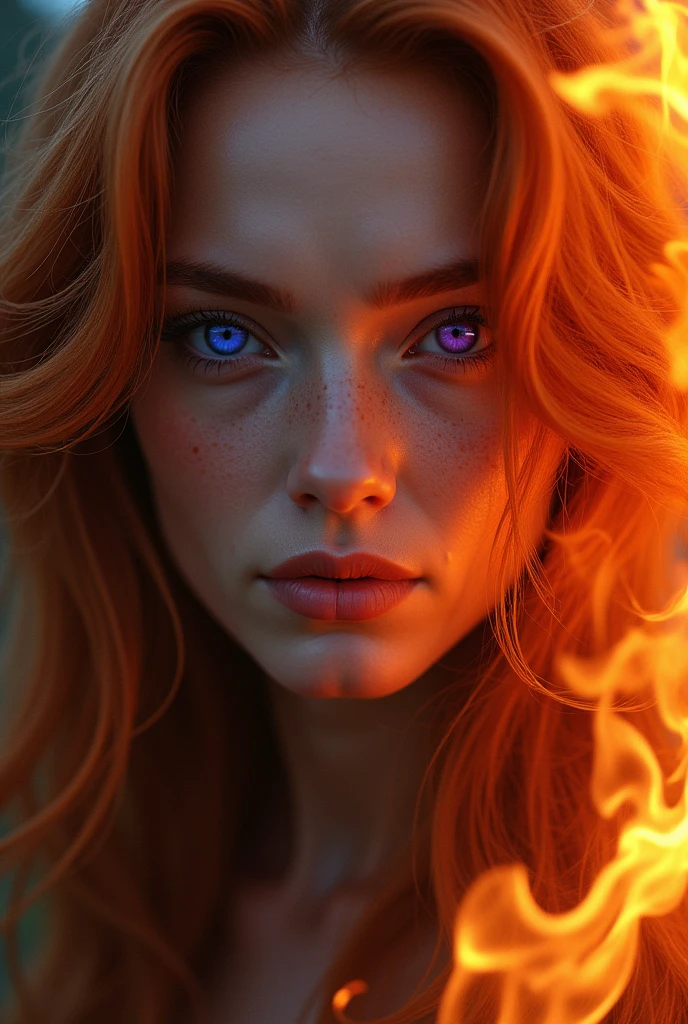 Profile of a woman with violet eyes and copper hair, but the hair is on fire