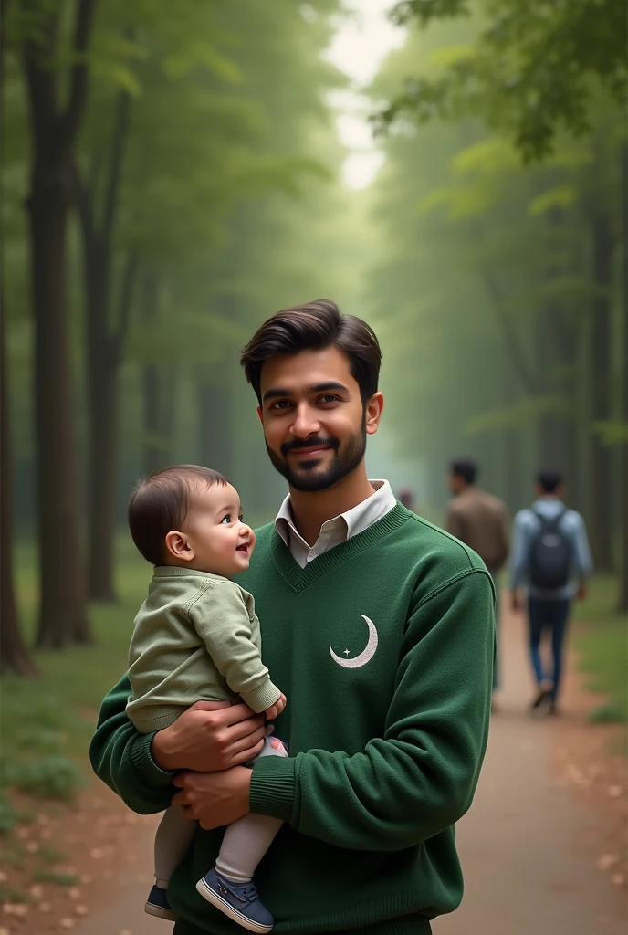 The image is a portrait of a saad rizvi holding a  in his arms. The man is wearing a green sweater with a white crescent moon and star on it. He has a smile expression on his face and is looking directly at the camera. The babylooking up at the man with a curious expression. The background is a forest with tall trees and a path winding through it. There are a few people walking on the path in the distance. The overall mood of the image is peaceful and serene.