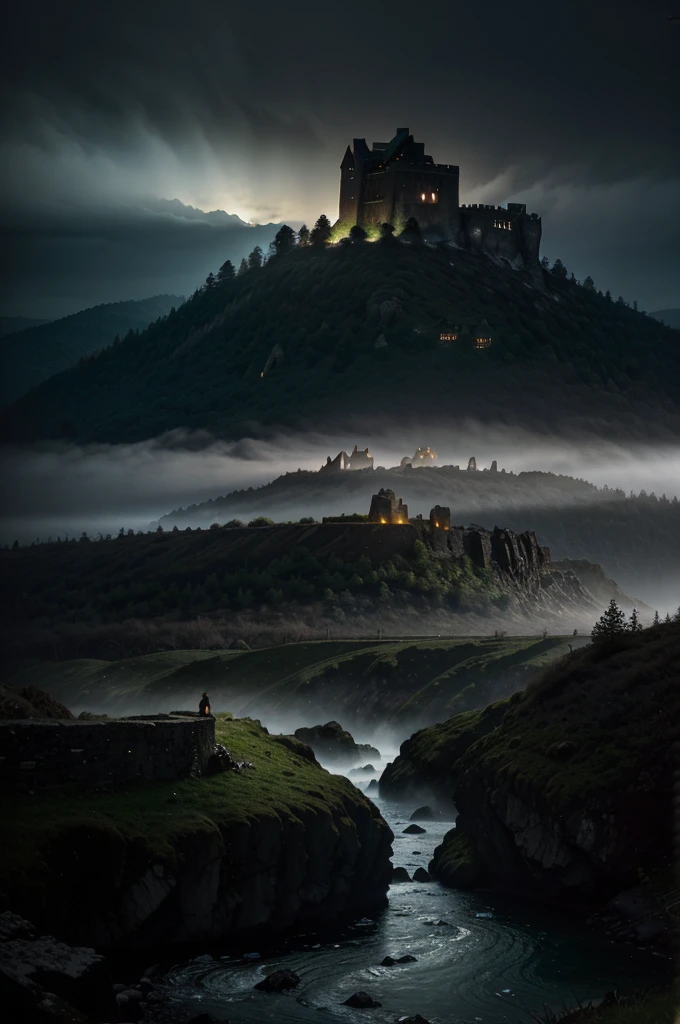 Create a dark fantasy landscape featuring an ancient, crumbling castle atop jagged cliffs under a stormy sky. Below, a misty ravine winds through a haunted forest with glowing, ghostly mushrooms. Nearby, a forgotten city lies partially buried, with stone ruins etched with mysterious runes and a black river reflecting its dark grandeur. Towering mountains in the distance have rivers of molten lava flowing down their sides, illuminating the night. Capture the interplay of light and shadow, highlighting the eerie beauty and timeless mystery of this world