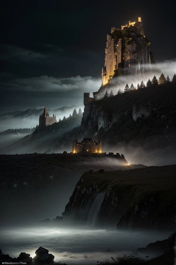 Create a dark fantasy landscape featuring an ancient, crumbling castle atop jagged cliffs under a stormy sky. Below, a misty ravine winds through a haunted forest with glowing, ghostly mushrooms. Nearby, a forgotten city lies partially buried, with stone ruins etched with mysterious runes and a black river reflecting its dark grandeur. Towering mountains in the distance have rivers of molten lava flowing down their sides, illuminating the night. Capture the interplay of light and shadow, highlighting the eerie beauty and timeless mystery of this world