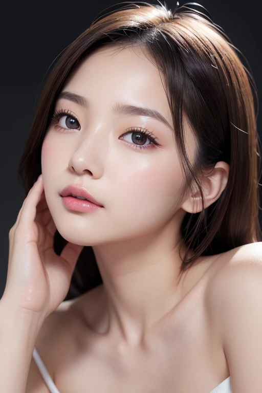 High-quality, ultra-realistic portraits。She has a face that is both cute and pure.、((It has a rounded and gentle contour))。(Eyes are large、Her clear eyes are distinctive、The nose is small and well-formed。Lips in natural color、Modest thickness)。The skin is transparent、Has a healthy glow。Makeup is natural、She uses thin foundation and subtle lip color.。The lighting is soft and natural.、Accentuating facial features、Does not emphasize shadows。The background is simple and has a blurred gradient.、Focus on the face。