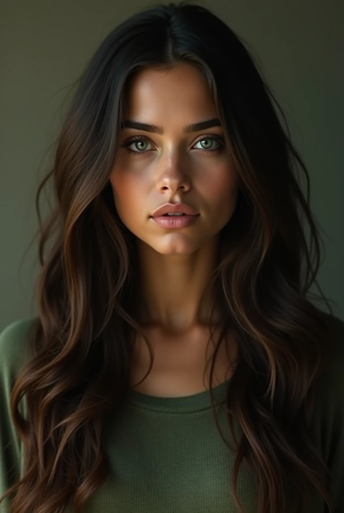 25 year old girl, Her long hair is dark brown and her eyes are green, Her skin is brown, wide square face, His expression is serious and cold, His clothes are in shades of green and brown. front view