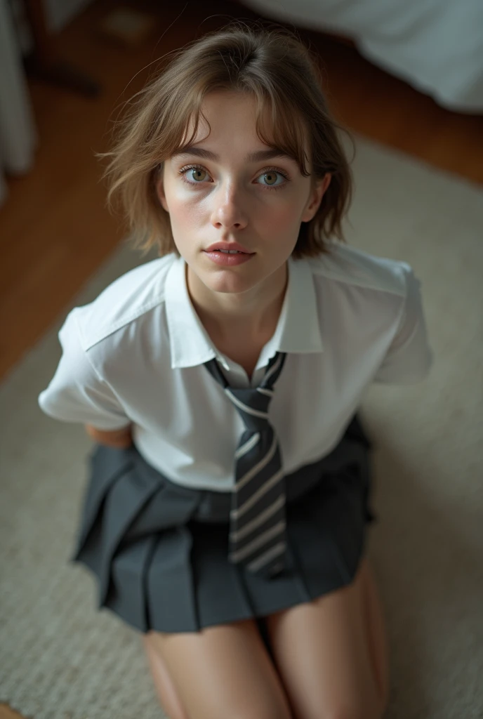 Close-up portrait photo from above of a slim pretty 16-year-old Caucasian woman. She has short light-brown hair. She is wearing a tight white shirt. She is wearing a dark-grey tie. She is wearing a dark-grey pleated skirt. She is kneeling in a bedroom. She is looking up to the camera. Both hands are behind her back. Her mouth is slightly open. 