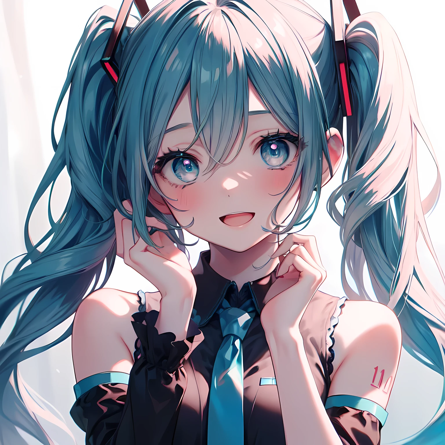 ((masterpiece, Side Light, finely detailed beautiful eyes: 1.2)), Extremely detailed, Ultra-high resolution, Professional lighting, High-quality cosmetics, beautiful detailed eyes, sexly, beautiful, Big green eyes, Droopy eyes, (girl), (Small Breasts:1.2), Blush, blush body, Wet eyes, hatsune miku, Pink Hair, curls, Double tail, (Grey sleeveless shirt, Blue tie,), very cute, (extremely detailed beautiful face), Real skin texture, beautiful hair, beautiful face, beautiful eyes, beautiful body, beautiful hands, Smile, permanent, open mouth, steam，Solid color simple background，Blue Background