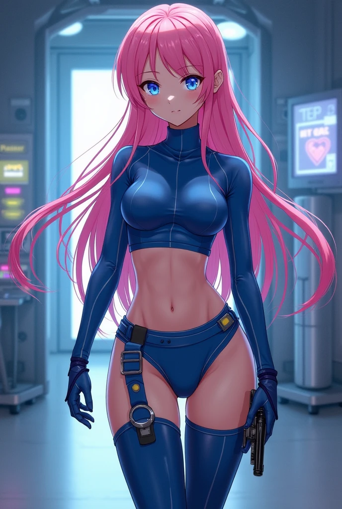 In a sleek and high-tech training room, a captivating anime girl with long, flowing pink hair and striking blue eyes is dressed in a skin-tight, blue agent outfit. The outfit consists of a long-sleeve turtleneck crop top and matching booty shorts, paired with boots that go up to her thighs. Her long hair cascades freely down her back, adding a touch of elegance to her powerful appearance. The room is filled with advanced training equipment, and the scene captures her in a moment of focus and readiness, showcasing her athleticism and determination. The art style is dynamic and vivid, emphasizing her curves and the intensity of the training environment