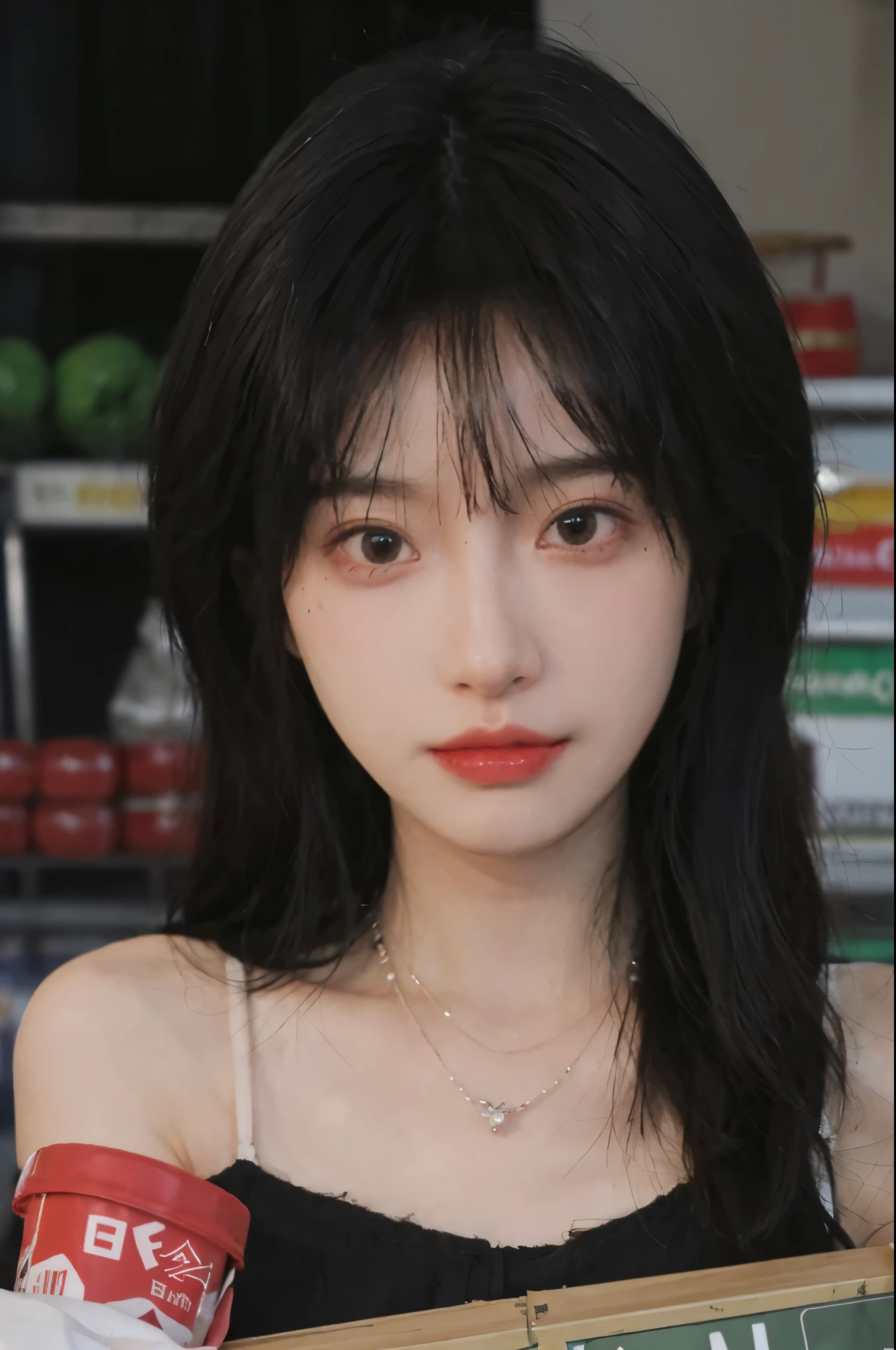 Best quality,Ultra-high resolution,(Realism:1.4),Cute hairpins,girll,Cropped black sweater,Look directly at the audience,Full of atmosphere,Beautiful woman with a slim figure:1.4,supermarket,whole body,Super delicate face,Exquisite eyes,Double eyelids,necklace
